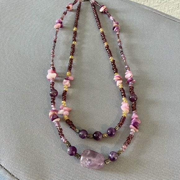 Multilayered Amethyst? Beaded Double Strand Semi Precious Boho Necklace - Picture 3 of 16